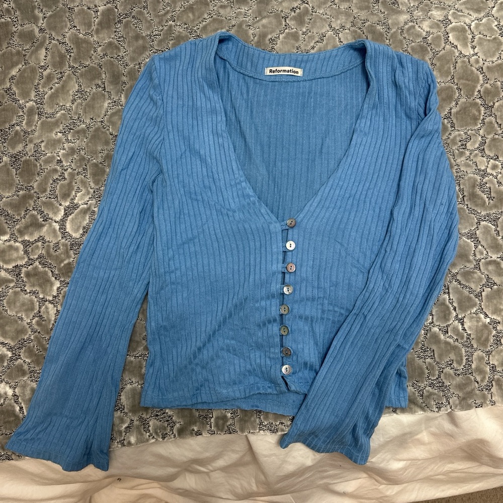 Reformation Blue Ribbed Button-Up Top